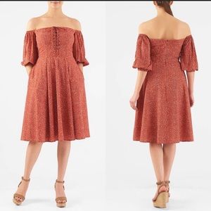 eShakti Off-Shoulder Lace-Up Crepe Print Dress
